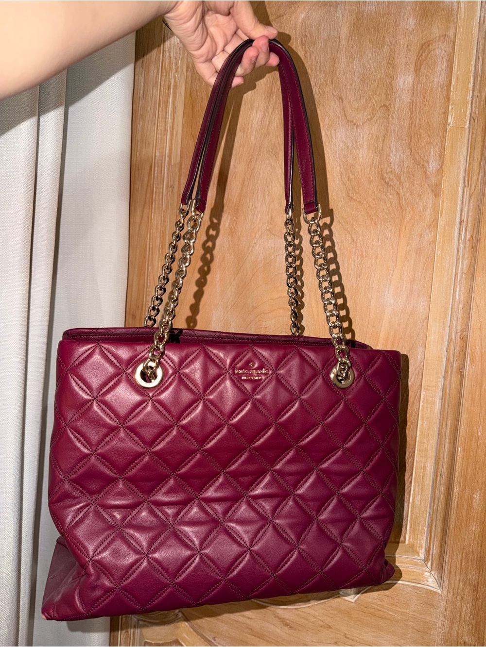 kate spade Quilted Leather Tote in Deep Wine with Gold Hardware
